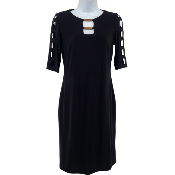 Joseph Ribkoff Black Cutout Sleeve Sheath Dress Size 4 Bar Detail Lined Zip - Picture 3 of 11